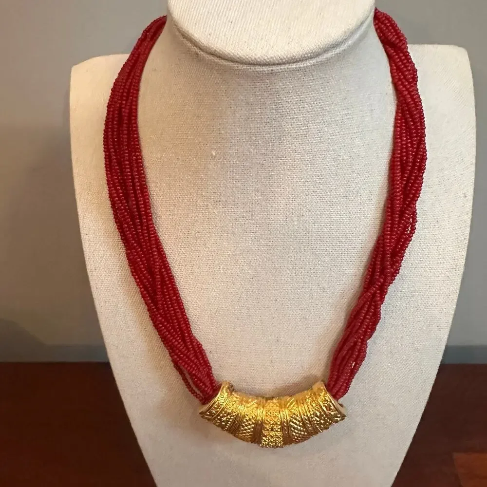 Bollywood Red Beaded Gold Plated Necklace Nepali Mali Wedding Costume Jewelry
